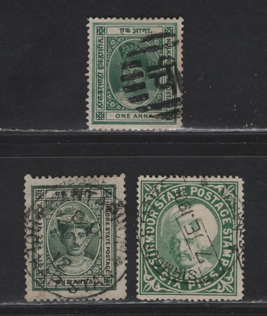 Lot 201 India, Holker, Indore & Sormoor (C) SG#7, 11, 7a, 1890's-1920's Issues, 3 VF Used Singles With SON Cancels, You Almost Never See SON On These