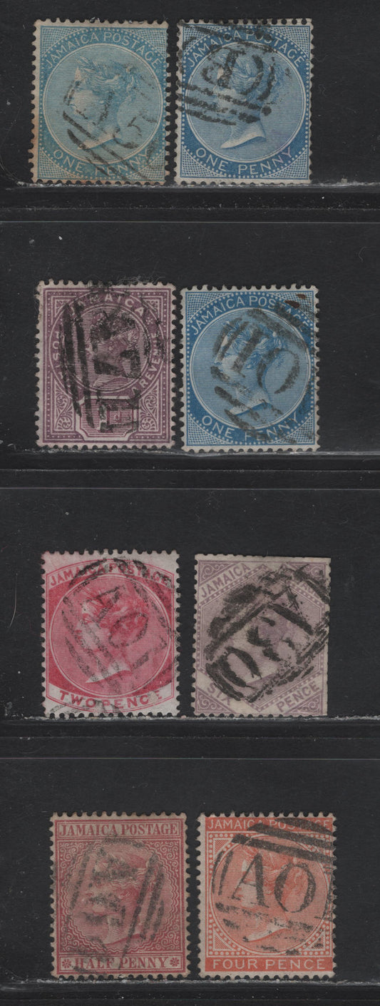Lot 202 Jamaica (C)  Selection Of Barred Numeral & Ship Cancels On, 1860-70, 1870-83, 1899-91 Queen Victorial Keyplate Issues, 8 G-F Used Singles Including A01 Kingston, 10 Falmouth, A30 Black River, 'B' Ship Mail, A55 MileGully & More