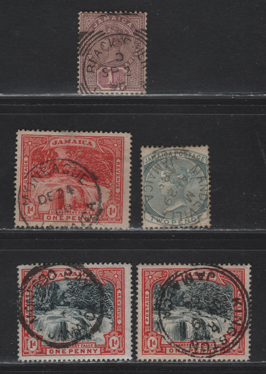 Lot 203 Jamaica (C)  Group Of CDS Town & Squared Circle Cancels On, 1889-1891, 1883-1897 Issues, 5 VF Used Singles Including Black River, Mandeville, Montague, Montego Bay, Kingston