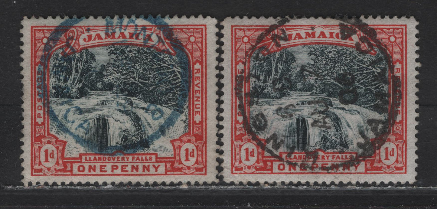 Lot 204 Jamaica (C)  1d Slate Black & Red, 1900 Llandovery Falls Issue, 2 VF Used Singles On Both White And Bluish Paper Having A 50XL Kingston CDS Dated Aug.7, 1906 & Bluish Paper W/ Blue Montego Bay CDS
