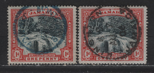 Lot 204 Jamaica (C)  1d Slate Black & Red, 1900 Llandovery Falls Issue, 2 VF Used Singles On Both White And Bluish Paper Having A 50XL Kingston CDS Dated Aug.7, 1906 & Bluish Paper W/ Blue Montego Bay CDS