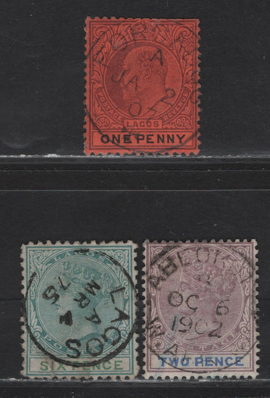 Lot 205 Lagos (C)  Selection Of Abeokuta, Forcados & Lagos CDS Cancels On, 1874-75, 1887-1902 Queen Victoria Keyplates & 1904-1906 King Edward VII Keyplates Issues, 3 F&VF Used Singles SG# 6,30,55