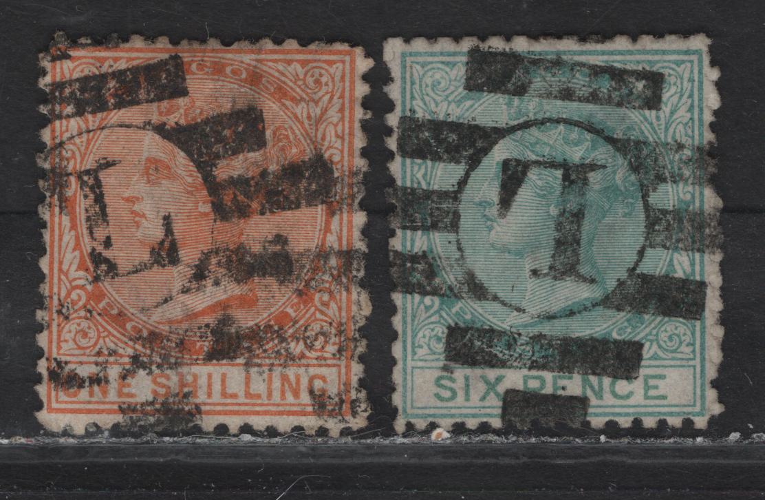 Lot 206 Lagos (C)  L' Barred Obliterators For Lagos That Were Used Until Early 1876 On, 1874-1875 Queen Victorial Keyplate Issues, Wmk Crown CE, Perf 12 1/2, 2 Fine Used Singles Clear Strikes On 6d & 1/- With 16 1/2mm Value