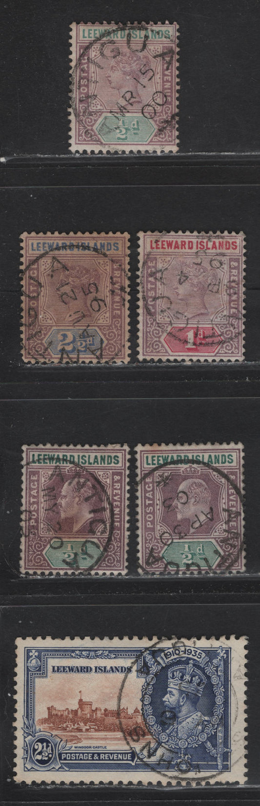 Lot 209 Leeward Islands (C)  Selection Of Antigua Cancels On, 1890 Imperium Keyplates & 1935 Silver Jubilee Issues, 6 F&VF Used Singles The 1935 Silver Jubilee Cancel Is St. John's