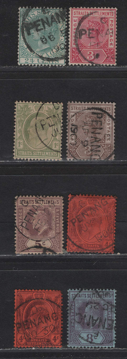 Lot 211 Malaya - Straits Settlement (C)  Selection On Penang Cancels On, 1883-91,1892-99 Queen Victoria Crown Ca Keyplates, 1902-1903 King Edward VII Crown CA Keyplates Issues, 8 F&VF Used Singles Includes SG 68a,96,97,112,110a,113,114