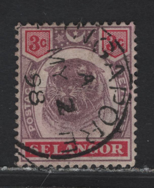 Lot 213 Malaya - Selangor (C)  SON Singapore Cancel Dated May 2, 1898 On 3c Dull Purple & Carmine, Tiger Keyplate From The 1895-1899 Issue, A VF Used Single