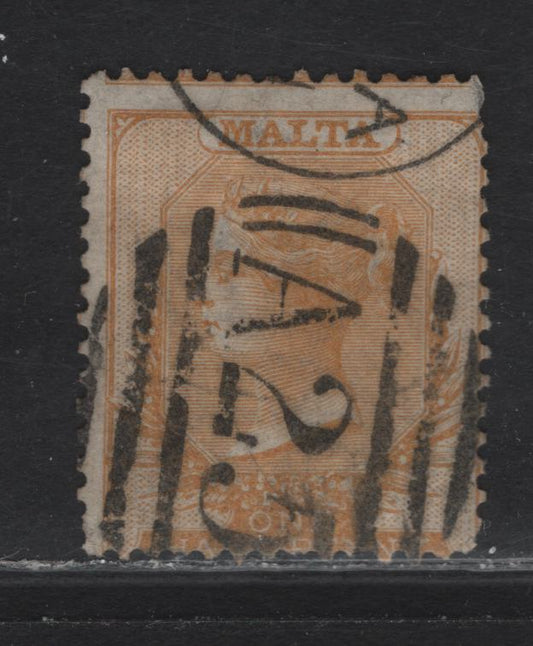 Lot 215 Malta (C) SG#8 1/2d Orange Buff, 1863-1881 Queen Victoria Keyplate Issue, Wmk Crown CA, A VG Used Single With Crown CC Wmk, Perf 14 With Clear A25 Barred Numeral Cancel