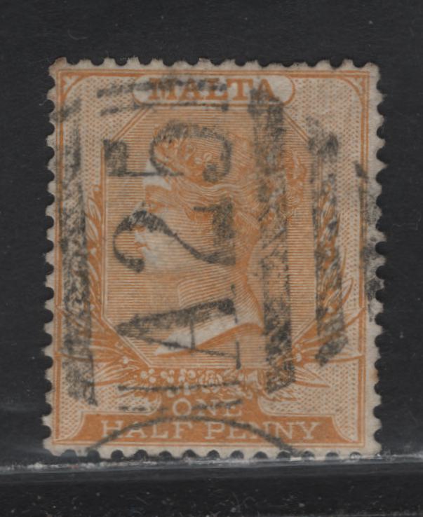 Lot 218 Malta (C) SG#18 1/2d Orange Yellow, 1882-1884 Queen Victoria Keyplates Issue, Wmk Crown CA, A Fine Used Single With Crisp Strike Of A25 Barred Numeral Cancel