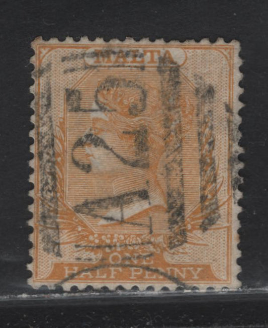 Lot 218 Malta (C) SG#18 1/2d Orange Yellow, 1882-1884 Queen Victoria Keyplates Issue, Wmk Crown CA, A Fine Used Single With Crisp Strike Of A25 Barred Numeral Cancel
