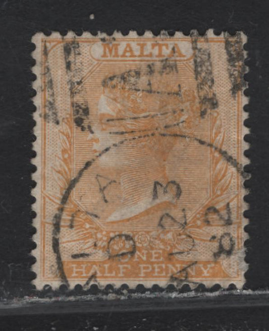 Lot 221 Malta (C) SG#18 1/2d Orange Yellow, 1882-1884 Queen Victoria Keyplates Issue, Wmk Crown CA, Perf 14, A Fine Used Single With August 23, 1882 Malta CDS