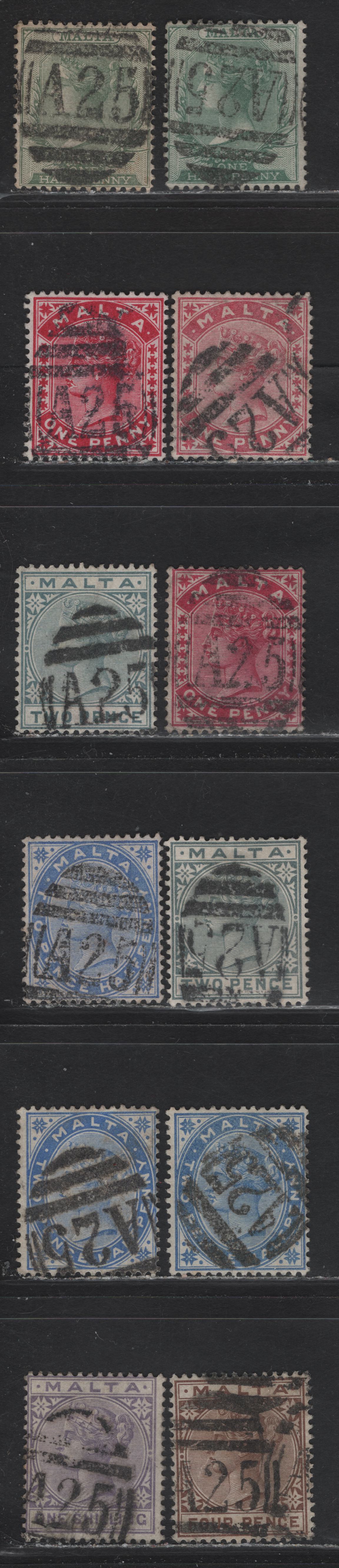 Lot 222 Malta (C)  Selection Of A25 Barred Numeral Cancels On, 1885-1890 Queen Victoria Keyplates Issue, Wmk Crown CA, 12 F&VF Used Singles Includes SG#20(2), 21,22(2),23(2), 25,26(2), 27,29