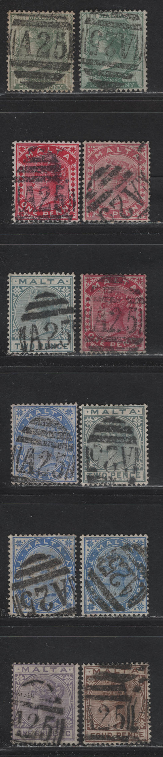 Lot 222 Malta (C)  Selection Of A25 Barred Numeral Cancels On, 1885-1890 Queen Victoria Keyplates Issue, Wmk Crown CA, 12 F&VF Used Singles Includes SG#20(2), 21,22(2),23(2), 25,26(2), 27,29