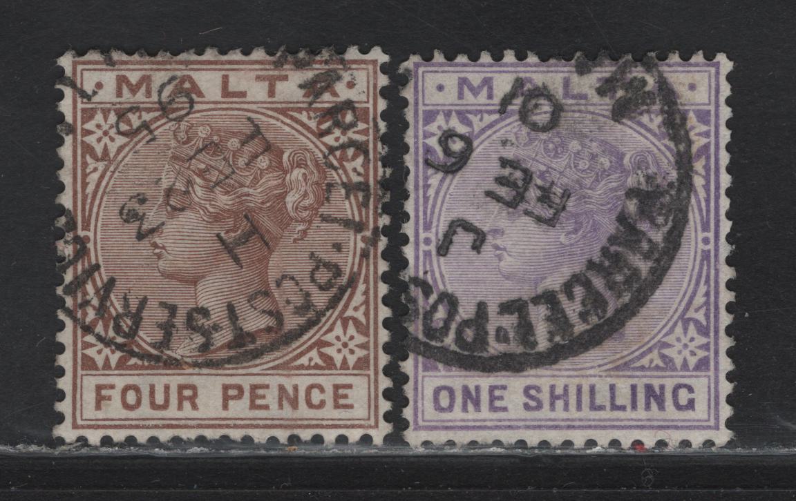 Lot 223 Malta (C) SG#27,29 4d Brown, 1/- Pale Violet, 1885-1890 Queen Victoria Keyplate Issue, 2 F&VF Used Singles With Parcel Post Service CDS Cancels
