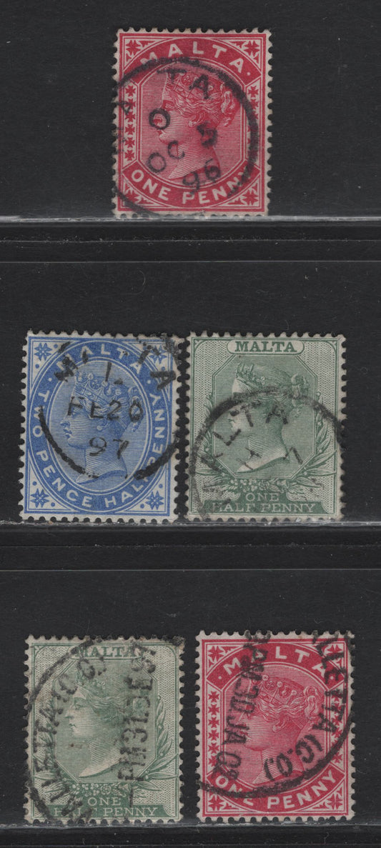 Lot 224 Malta (C)  Selection Of Malta & Valetta CDS Cancels On, 1885-1890 Queen Victoria Keyplates Issue, Wmk Crown CA, 5 VF Used Singles With SG# 20,22 & 26. Inexpensive Stamps, But Uncommon With These Strikes