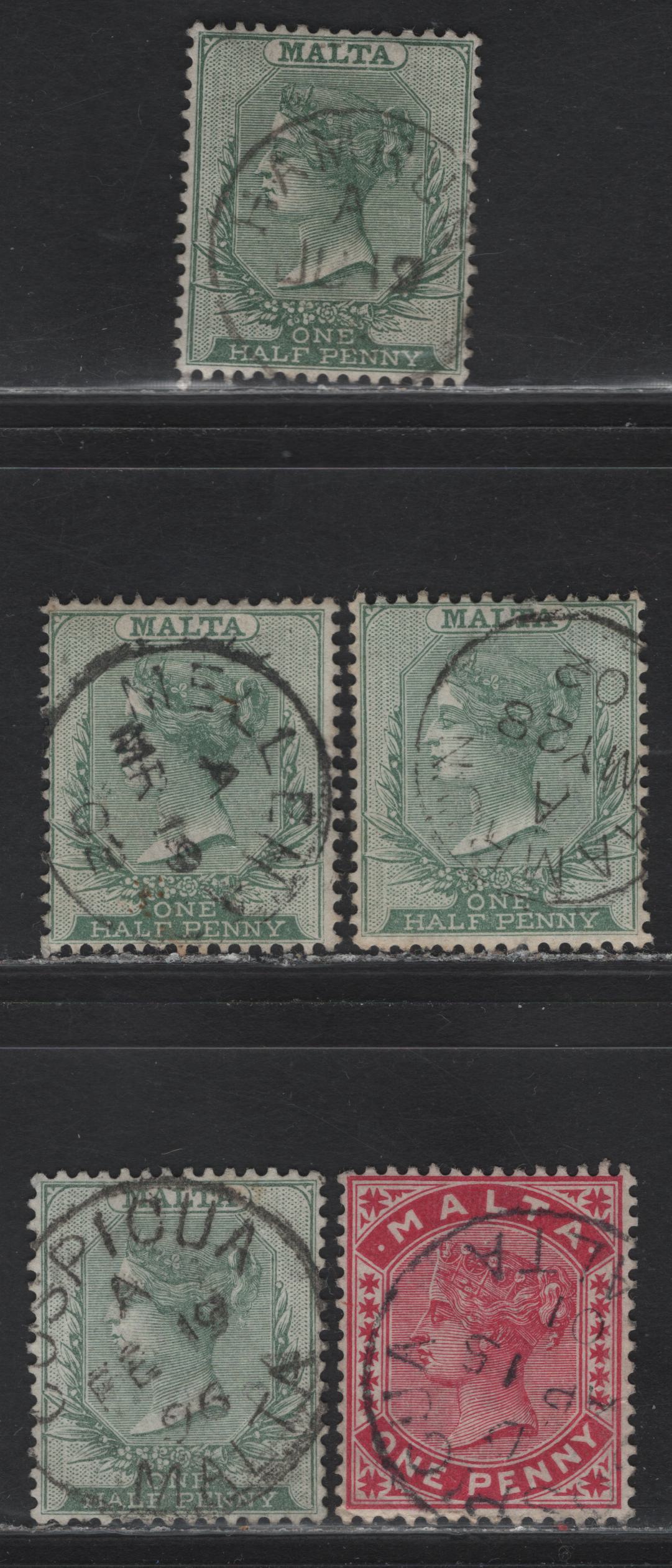 Lot 227 Malta (C)  Hamrun, Cospicua & Melleha CDS Cancels On 1/2d & 1d, 1885-1890 Queen Victoria Crown CA Keyplates Issue, 5 F&VF Used Singles