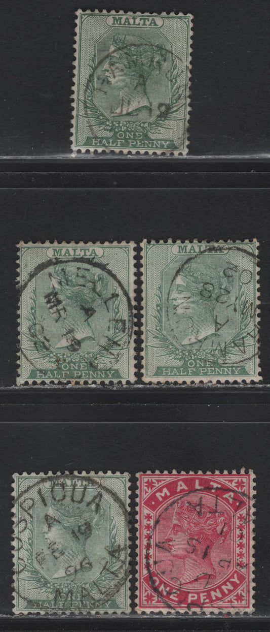 Lot 227 Malta (C)  Hamrun, Cospicua & Melleha CDS Cancels On 1/2d & 1d, 1885-1890 Queen Victoria Crown CA Keyplates Issue, 5 F&VF Used Singles
