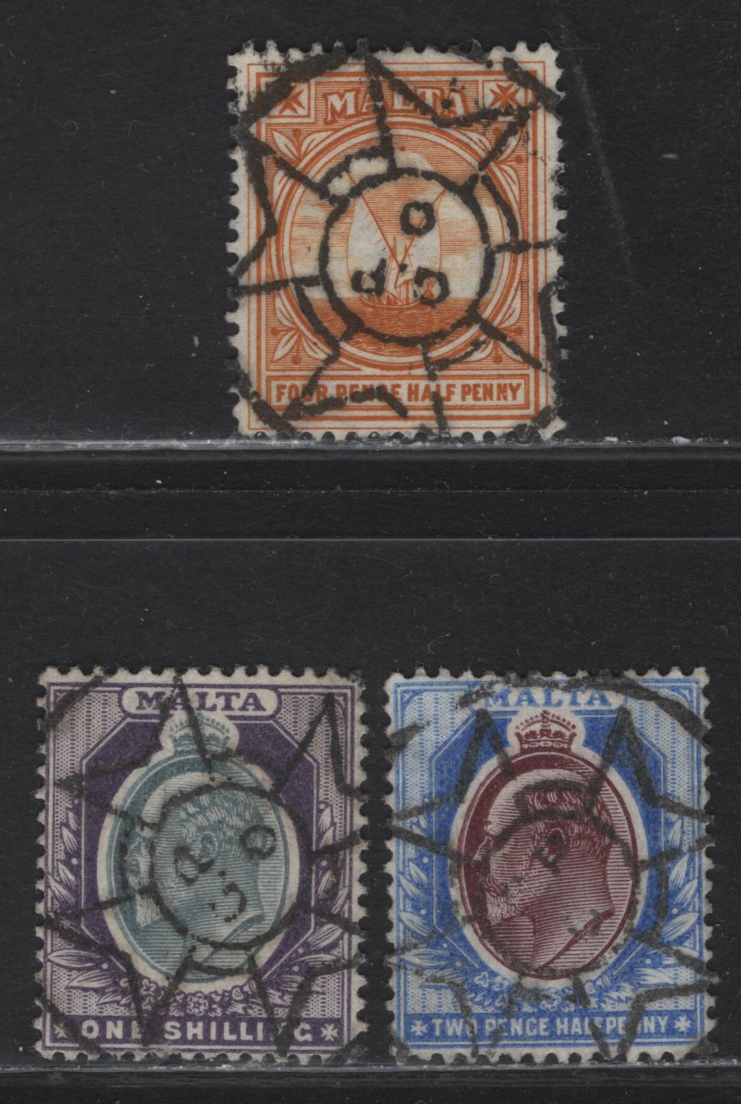 Lot 229 Malta (C) SG#44,58,52 Full GPO Maltese Cross Cancels On, 1903-1904 & 1904-1914 King Edward VII Keyplates Wmk Crown CA & Mult. Crown CA, 3 F&VF Used SIngles The 1/- Is Crown CA