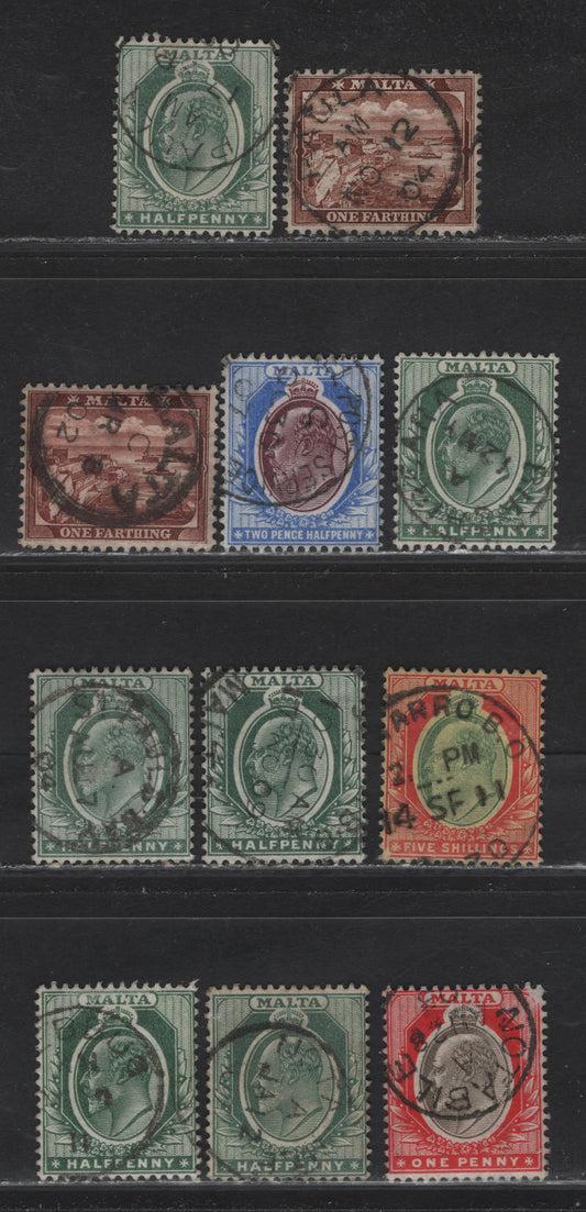 Malta (C)  Selection Of Malta & Small Town Cancels On, 1903-1904 & 1904-1914 King Edward VII Keyplates Wmk Crown CA & Mult. Crown CA, 11 F&VF Used Singles Cancels Include Barro,Notabile, Paula Malta, St. Pauls & Others Unidentified