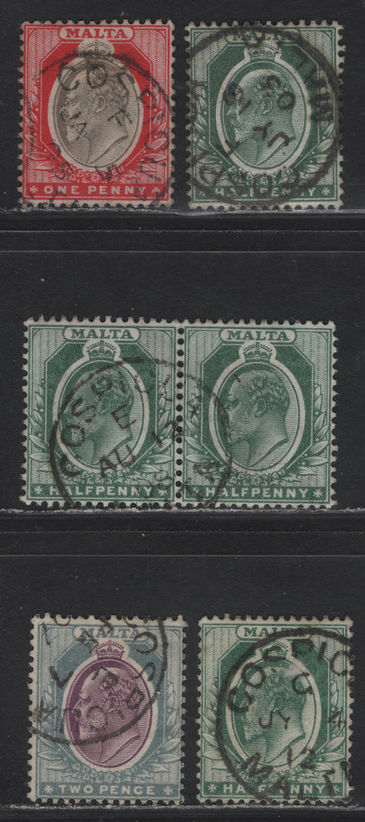 Lot 233 Malta (C)  Cospicua Cancels On, 1903-1904 & 1904-1914 King Edward VII Keyplates Wmk Crown CA & Mult. Crown CA, 4 Singles & Pair F&VF Used SIngles Cospicua Is A Smaller Post Office And These Cancels Are Scarce