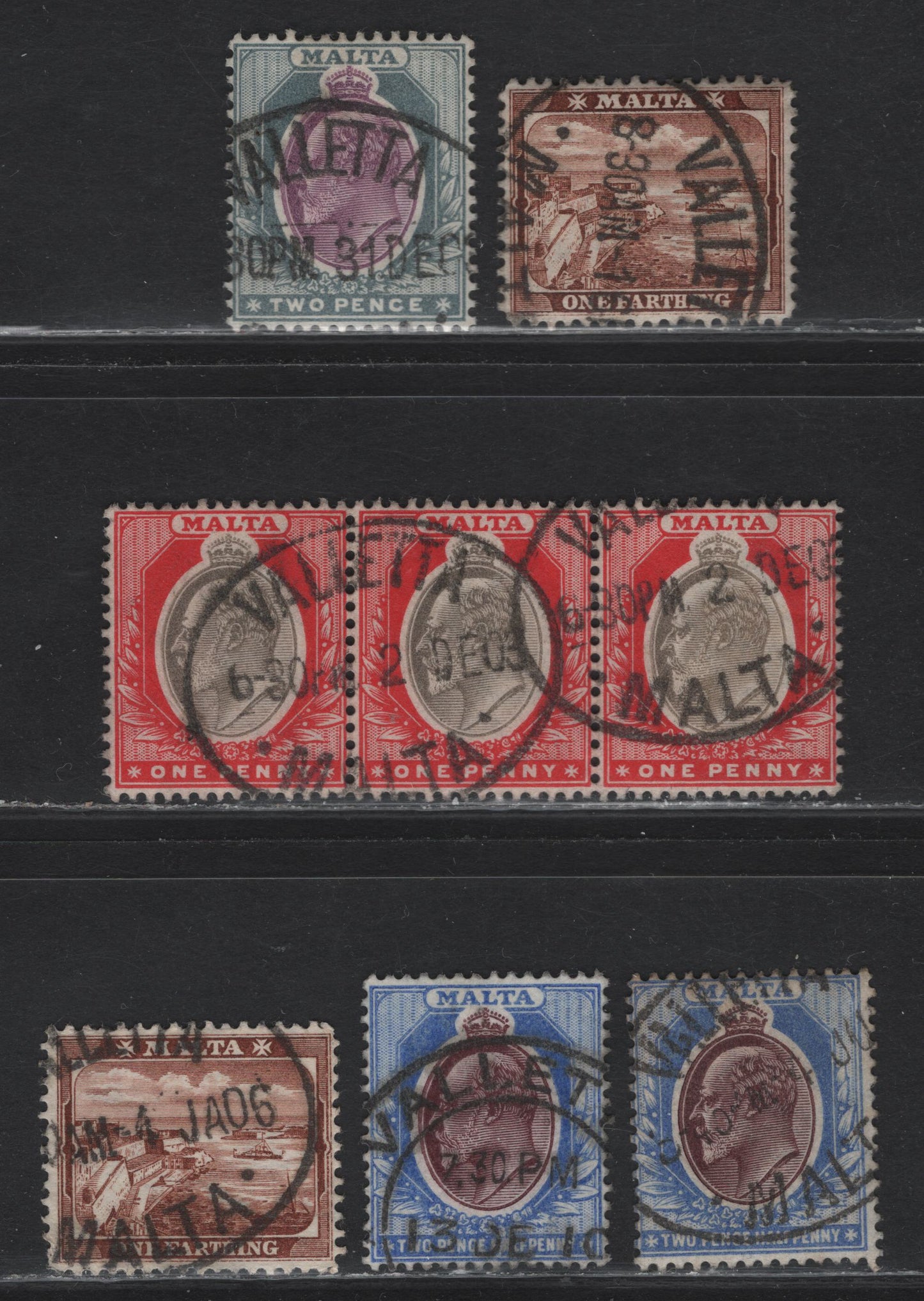Lot 234 Malta (C) SG#39,42,45,45a,52. Valetta Cancels On, 1903-1904 & 1904-1914 King Edward VII Keyplates Wmk Crown CA & Mult. Crown CA, 5 Singles & Strip Of 3 F&VF Used Singles