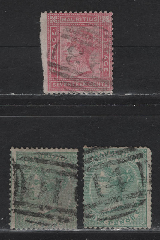 Lot 237 Mauritius (C) SG#64,65,96 A Selection Of Barred Numeral Cancels On, 1863-1872, 1879-1880 Crown CC Keyplates Issue, 3 G&VG Used Singles Cancels Include #10 Flacq, #14 Maheborg, #33 Grand Gaube, Scarce On These Issues
