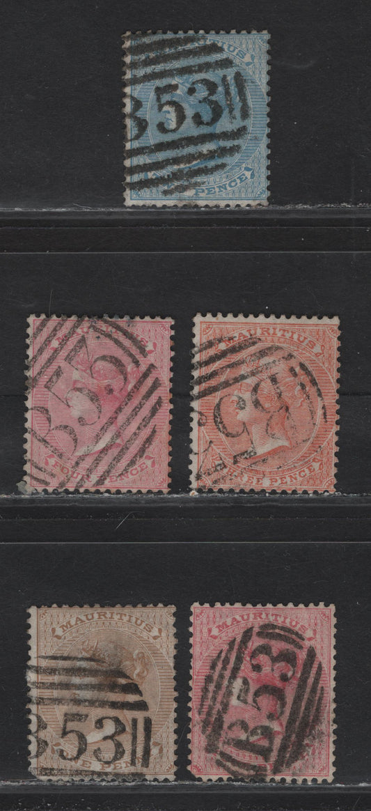 Lot 238 Mauritius (C) SG#57,60,61a,62, 1863-1872 Queen Victoria Issue, Crown CC Keyplates Issue, 5 F&VF Used Singles All With Clear Strikes Of B53, Port Louis Barred Numeral Cancels W/ Large & Small Font Sizes