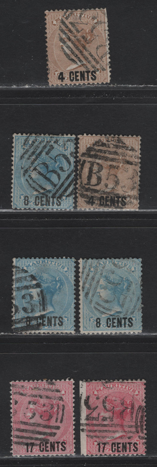 Lot 240 Mauritius (C) SG#84,85,87, 1878 New Currency Surcharges, 7 Fine Used Singles All With Readable Strikes Of B53, Port Louis Barred Numeral Cancels