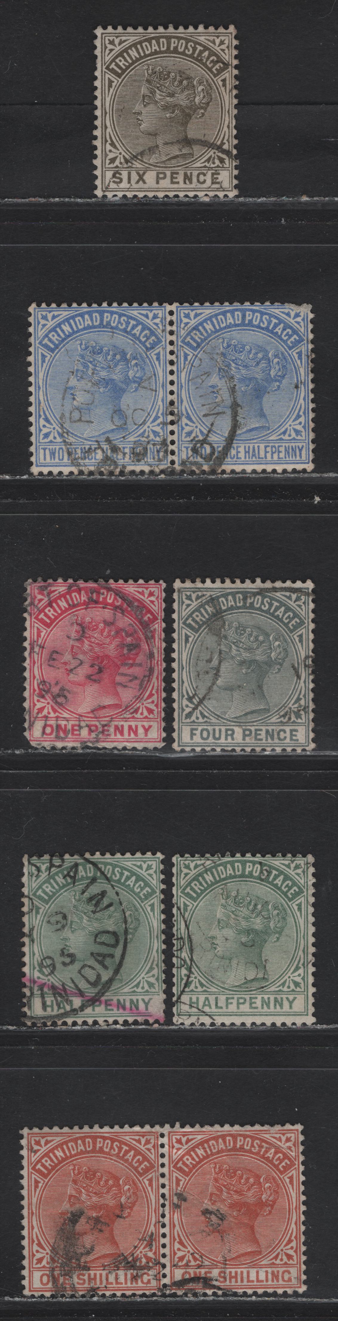 Lot 24 Trinidad (C) SG#106-112 1/2d - 1/- Dull Green - Orange Queen Victoria, 1883-1894 Queen Victoria Keyplates Issue, 7 Fine/Very Fine Used Singles & Pairs, Crown CA Wmk
