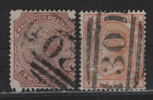 Lot 243 Mauritius (C)  Cancels #30 (Grand Rosalie) & #20 Rose-Hill On, 1879-1880 Queen Victoria Issue, Crown CC Keyplates Issue, 2 Fine Used Singles These Are Both Scarcer Cancels. 2d Venetian Red, 4c Orange