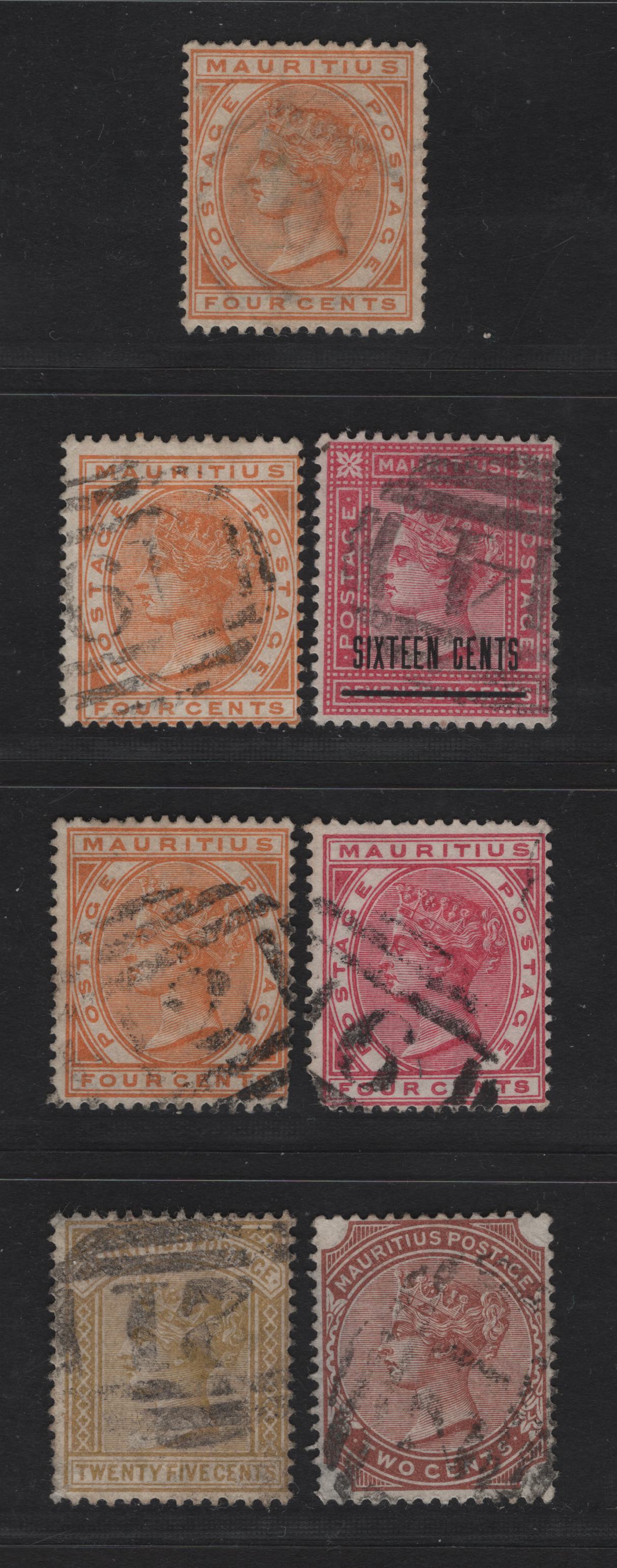 Lot 245 Mauritius (C)   1883-1894 Queen Victoria Keyplate Issue, 7 Fine Used Singles, Barred Numeral Cancels Including #21(Curepipe), 16(Rose-belle), 19(Souillac), 14(Maheborg) & 10(Flacq), Scarce Cancels