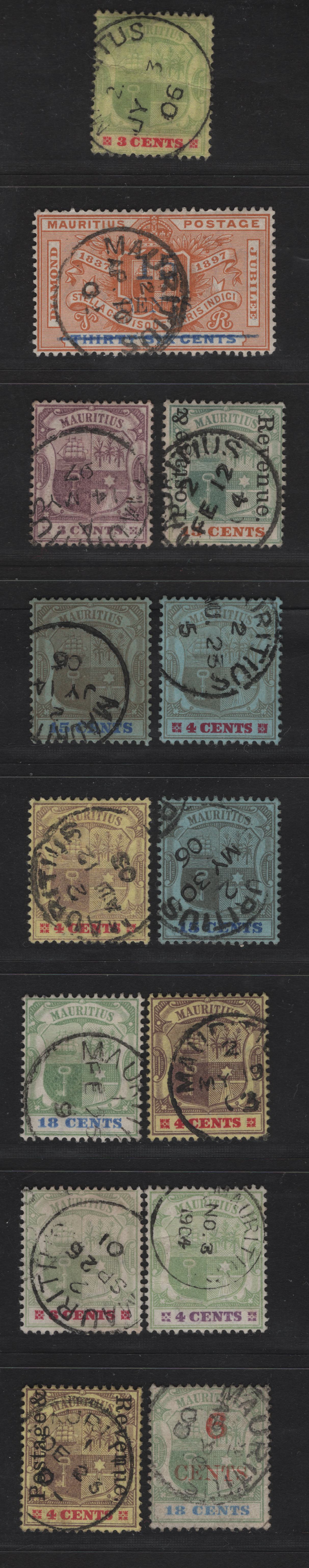 Lot 250 Mauritius (C) SG#129-132, 134-135, 140-141, 143, 150, 157, 159, 1895-1905 Keyplates & Surcharged Issues, 13 Fine/Very Fine Used Singles, Mauritius CDS Cancels, Some of the Stamps Have Faded Slightly