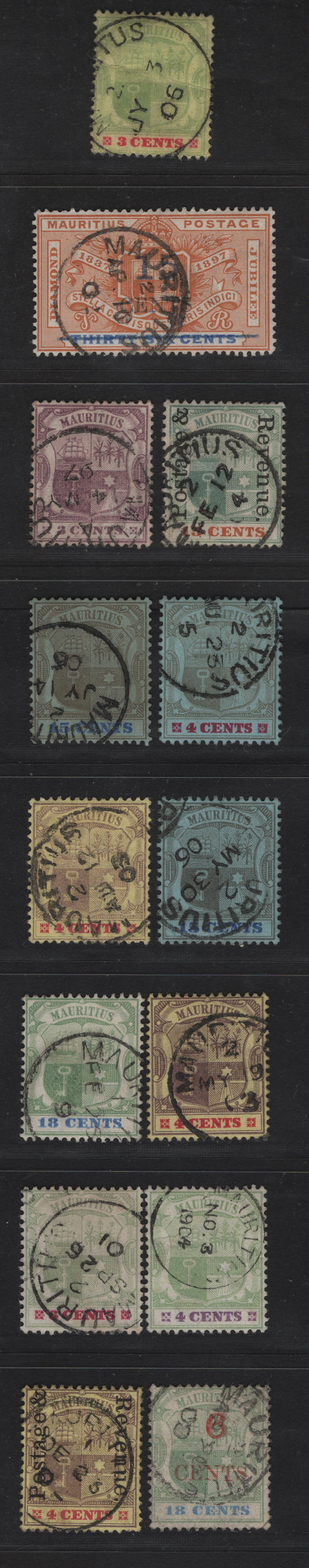 Lot 250 Mauritius (C) SG#129-132, 134-135, 140-141, 143, 150, 157, 159, 1895-1905 Keyplates & Surcharged Issues, 13 Fine/Very Fine Used Singles, Mauritius CDS Cancels, Some of the Stamps Have Faded Slightly