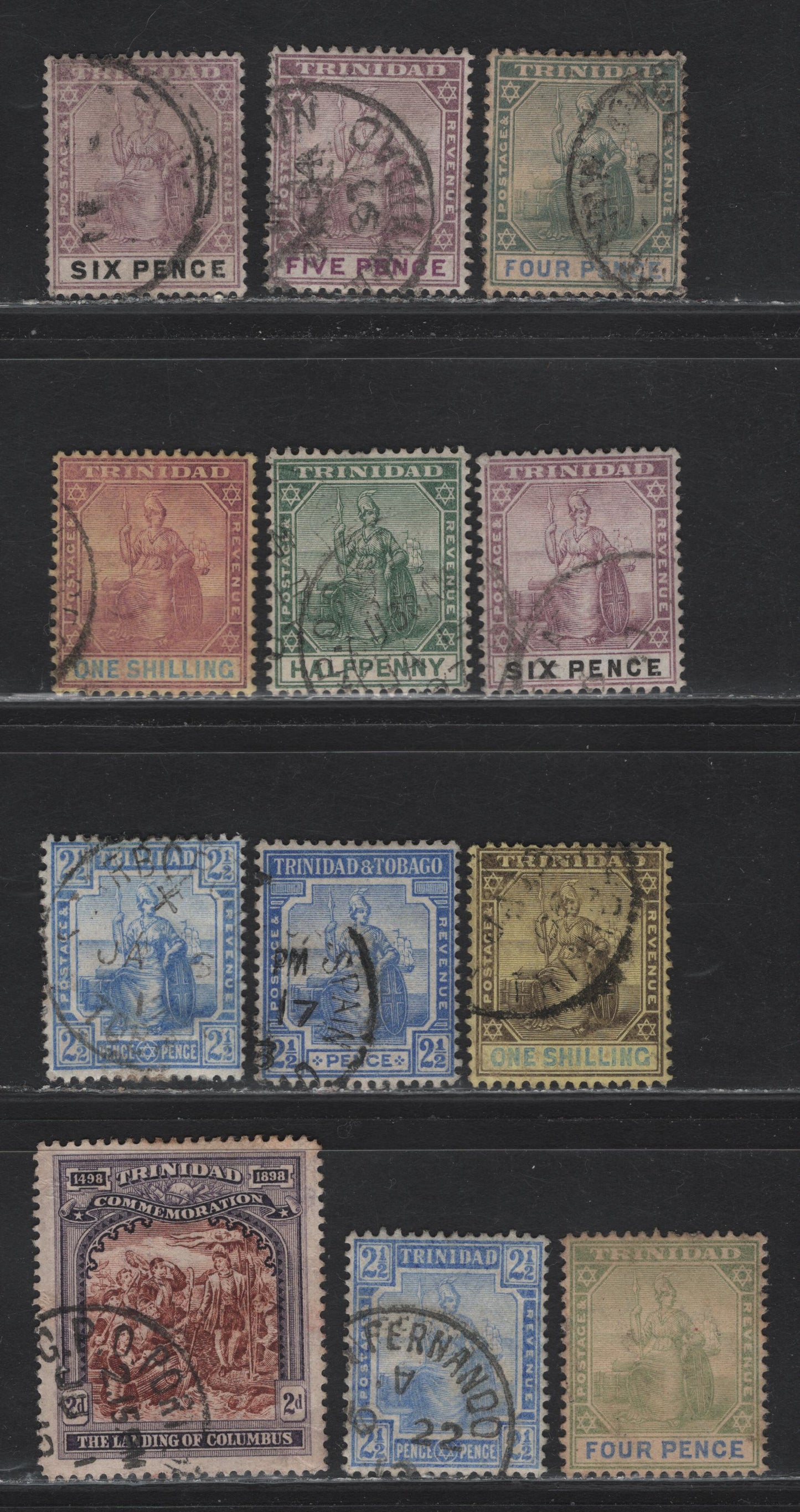 Lot 25 Trinidad (C) SG#119-120, 125, 130, 133, 141-142, 148, 151 5d - 2.5d Dull Purple & Mauve - Blue Britannia - Columbus Landing, 1896-1913 Britannia - Columbus Landing Issues, 12 Very Fine Used Singles, Crown CA & Multiple Crown CA Wmk