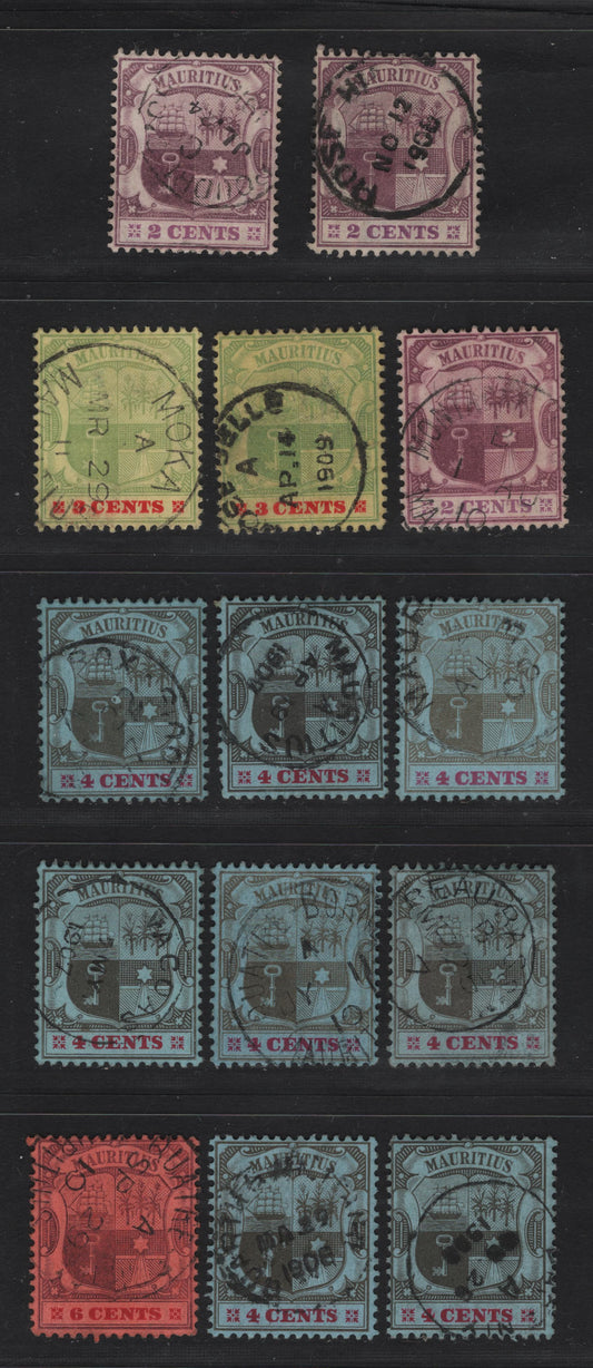 Lot 253 Mauritius (C)   1904-1907 Arms Issue, 14 Fine/Very Fine Used Singles, Small Town Cancels, Rose Belle, Moka, Pillerbox Beau Bassin, Vacoas, Rose Hill & Others, Multiple Crown CA Wmks On Chalky Paper.