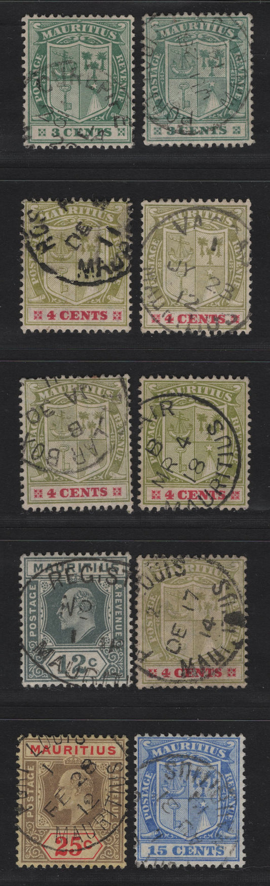 Lot 254 Mauritius (C)   1910-1912 King Edward VII Keyplate & Arms Issues, 10 Fine/Very Fine Used Singles, CDS Cancels, Including Port Louis, Curpipe, Nacoa Bellair, Rose Hill & Pillar Box