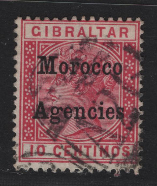 Lot 255 Morocco Agencies SG#10 10d Carmine Queen Victoria, 1899 Overprinted Issue, A Fine Used Single, Gibraltar AZ6 Barred Numeral Cancel Used As A Temp Cancel In Tangier, Scarce, As It Was Used Temporarily.