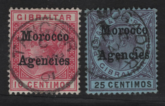 Lot 256 Morocco Agencies SG#10, 20 10c - 25c Red - Blue Queen Victoria - King Edward VII, 1899-1905 Overprinted - King Edward VII Issues, 2 Very Fine Used Singles, Tangier & Mogador Cancels, Crown CA Wmks