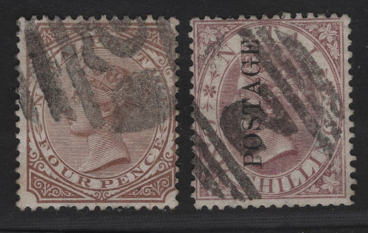 Lot 257 Natal (C) SG#63, 69 4d - 1/- Brown Queen Victoria, 1873-1899 Keyplate Issues, 2 Good/Very Good Used Singles, Bold Strikes of #2 Durban Barred Numeral Cancel, Crown CC Wmk