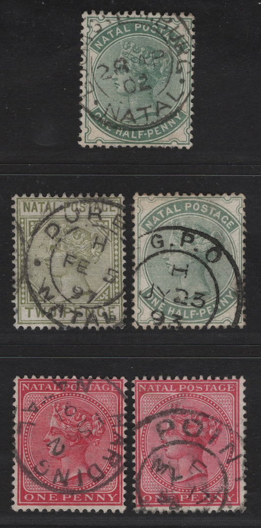 Lot 258 Natal (C) SG#97,a, 99a, 107 1/2d - 2d Blue Green - Olive Green Queen Victoria, 1882-1899 Keyplate Issues, 5 Fine/Very Fine Used Singles, All With Durban, harding & Other Cancels, Die 2