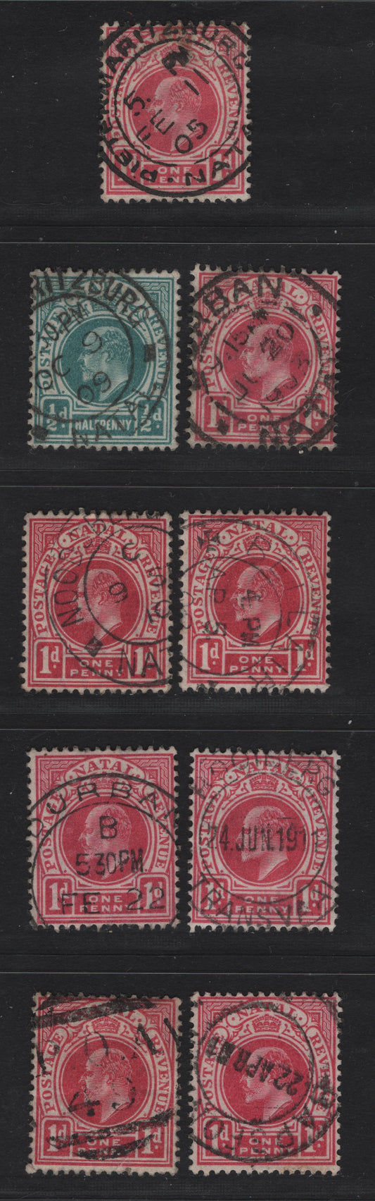 Lot 259 Natal (C)   1902-1908 King Edward VII Keyplate Issues, 9 Fine/Very Fine Used Singles, Town & Barred Numeral Cancels, Including The Scarce P.O.A 49 Forillovo, Pietermartzburg, Noodsburg, Bellair, Bapsfontein & Rooiberg Transval