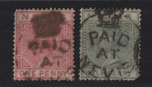 Lot 260 Nevis (C) SG#25, 27 1/2d & 1d Dull Rose Queen Victoria, 1882-1890 Keyplate Issue, 2 Ungraded Used Singles, Rare Crown Circle Paid At Nevis Cancels Used During The 1882 Stamp Shortage Both Stamps Are Faulty .