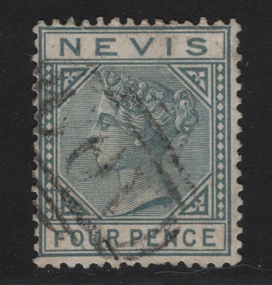 Lot 261 Nevis (C) SG#31 4d - 1/- Gray Queen Victoria, 1882-1890 Keyplate Issue, A Very Good Used Single, AO9 Barred Numeral Cancel, Crown CA Wmk, Small Corner Crease & Small Wrinkle.