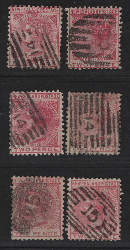 Lot 266 New Zealand (C) SG#181 2d Rose Queen Victoria, 1878 First Sideface Issue, 6 Very Good/Fine/Very Fine Used Singles, Barred Numeral Cancels Including #8 (Gisbourne), 14 (Nelson), 15 (Kaiapoi) and 25 (Timaru)
