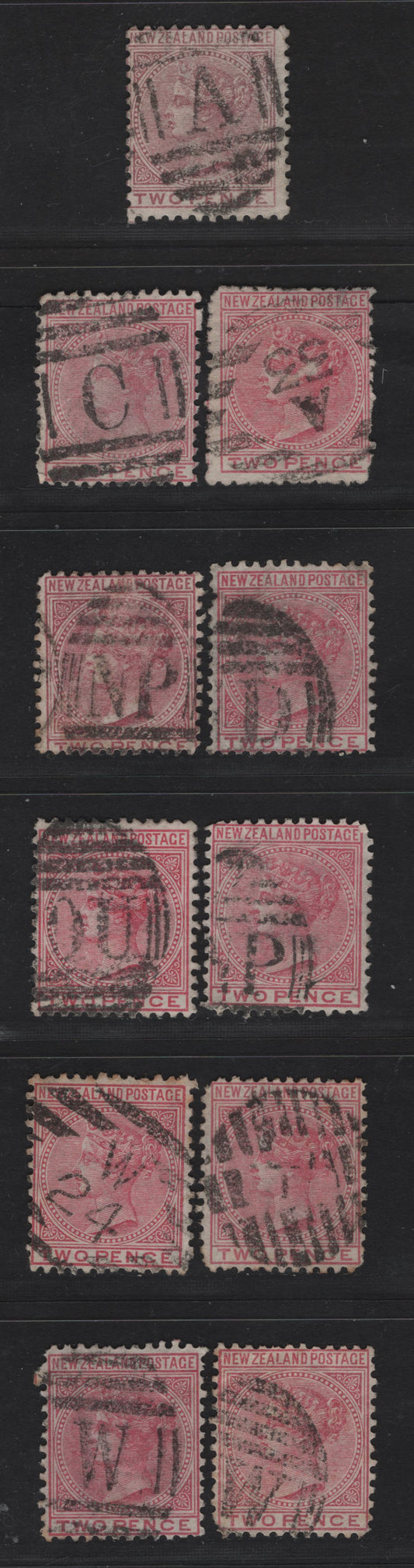 Lot 267 New Zealand (C)   1878 First Sideface Issue, 10 Very Good/Fine Used Singles, Barred Letter Cancellations Including OU, NP, W, D, T, C, W24, A & A33 , Comb Perf 12x11.5, Few Have Creases.
