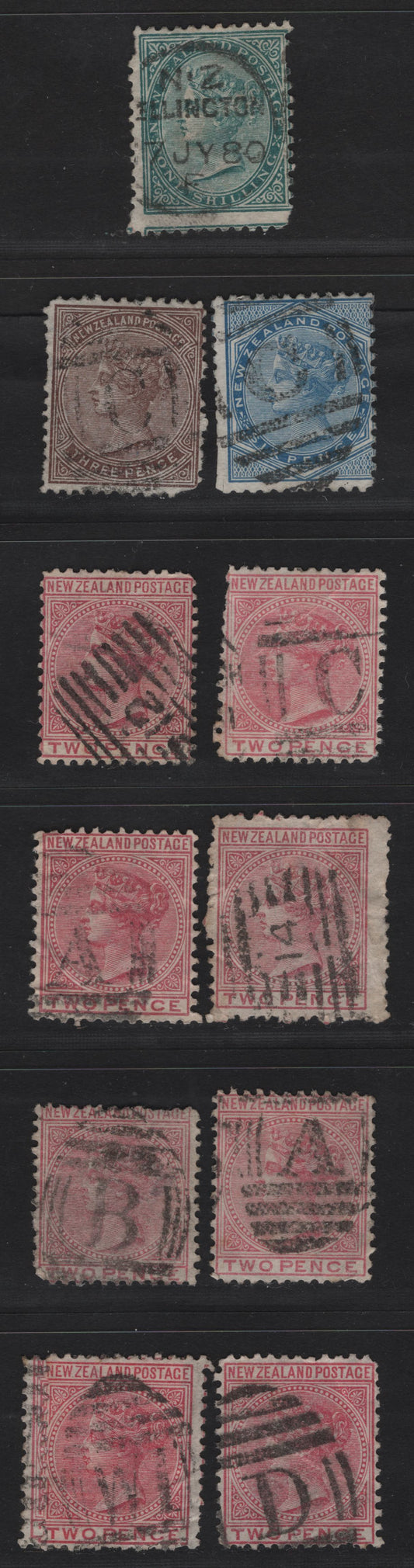Lot 268 New Zealand (C)   1874-1882 First Sideface Issue, 11 Ungraded Used Singles, CDS & Barred Letter/Numeral Cancels Including A, 14, 12, C, D, B & NP, Small to Moderate Faults, Most Are Comb Perf 12x11.5, Some Are Perf 12.5.