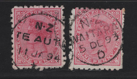 Lot 269 New Zealand (C) SG#218h,i 1c Rose Queen Victoria, 1891-1895 Second Sideface Issue, 2 Very Good/Very Fine Used Singles, SON Town Cancels For Waitapa & Te Aule, Rbrown Red & Brown Purple Adverts On The Back