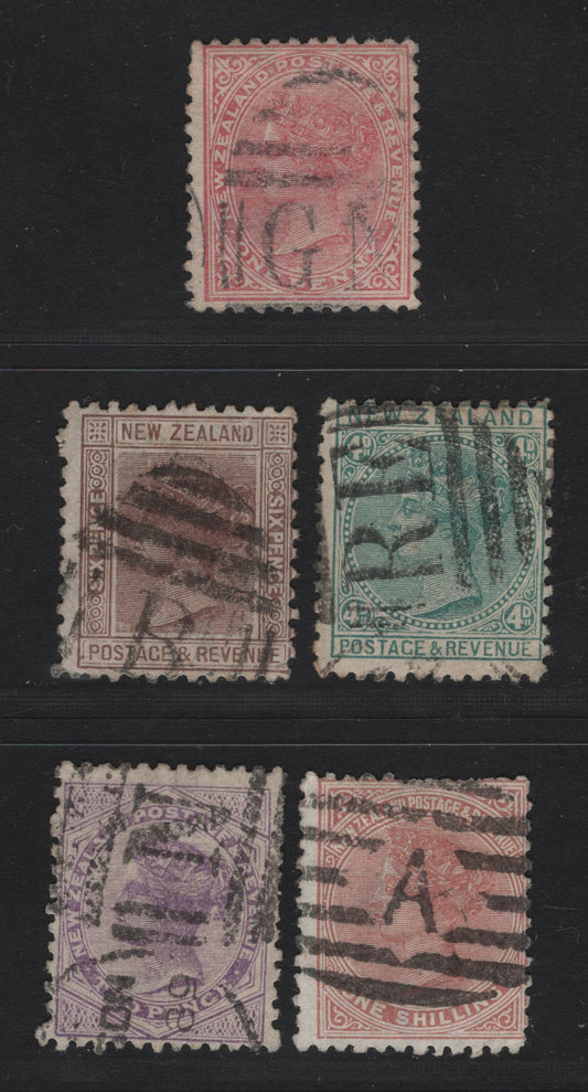 Lot 270 New Zealand (C) SG#187, 196, 199, 201, 203, 1882-1899 Second Sideface Issue, 5 Fair/Fine Used Singles, Clear Strikes Of Barred Letter Cancels Including A, M, B, N & RE