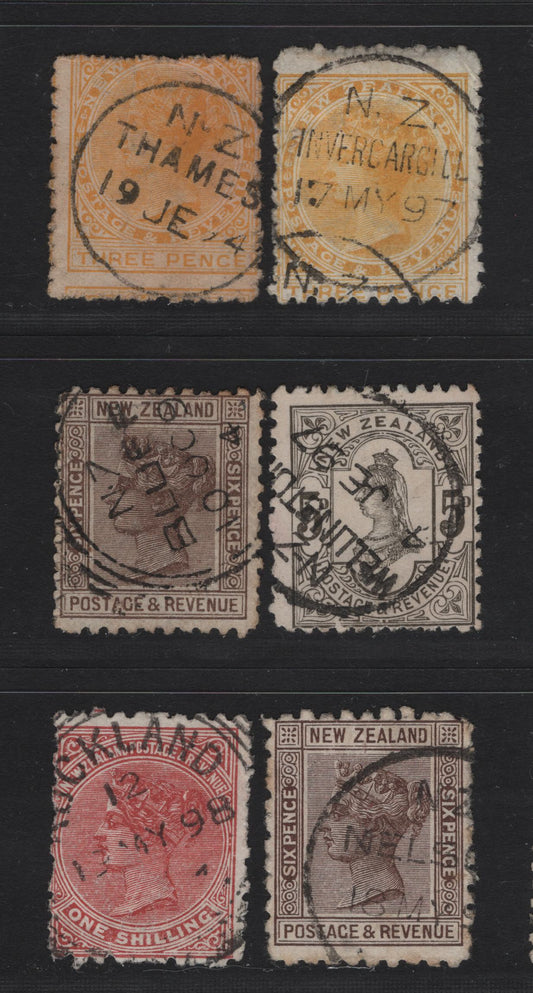 Lot 273 New Zealand (C)   1882-1900 Second Sideface Issue, 6 Very Good/Fine Used Singles, SON Town Cancels Including Invercargill, Thames, Nelson & Bluff