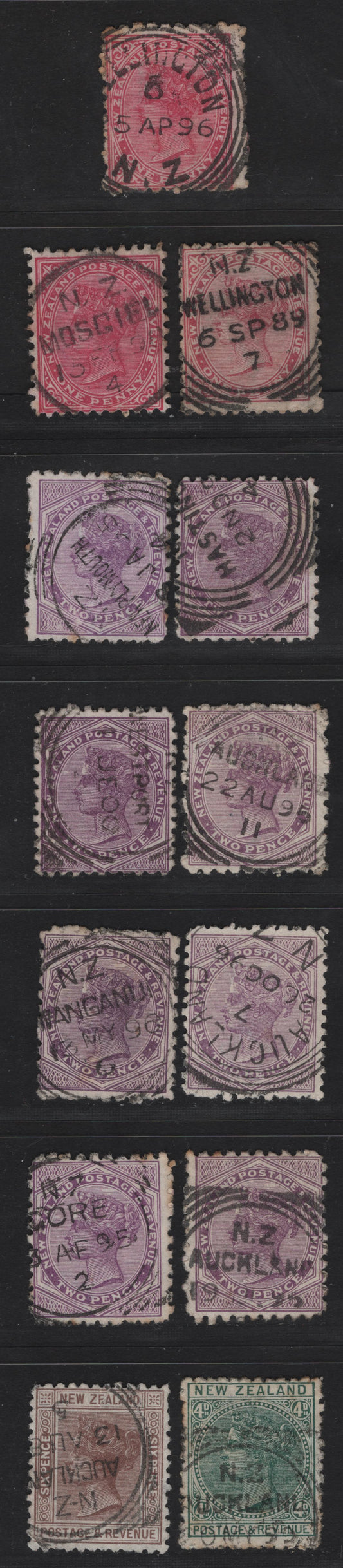 Lot 275 New Zealand (C)   1882-1900 Second Sideface Issue, 13 Very Good/Fine/Very Fine Used Singles, CDS & Squared Circle Cancels Including Wellington, Auckland, Hastings, New Plymouth, Westport, Gore, Mesgiel & Wanganu