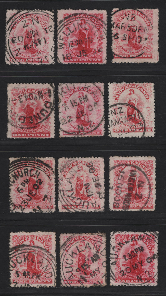 Lot 279 New Zealand (C)   1904 Penny Postage Issue, 12 Fine/Very Fine Used Singles, Selection of 'Dot' Plate Printings With CDS & Squared Circle Cancels Includign Wellington, Marsden, Inglewood & Auckland, Perf 14, Single Star & NZ Wmk.